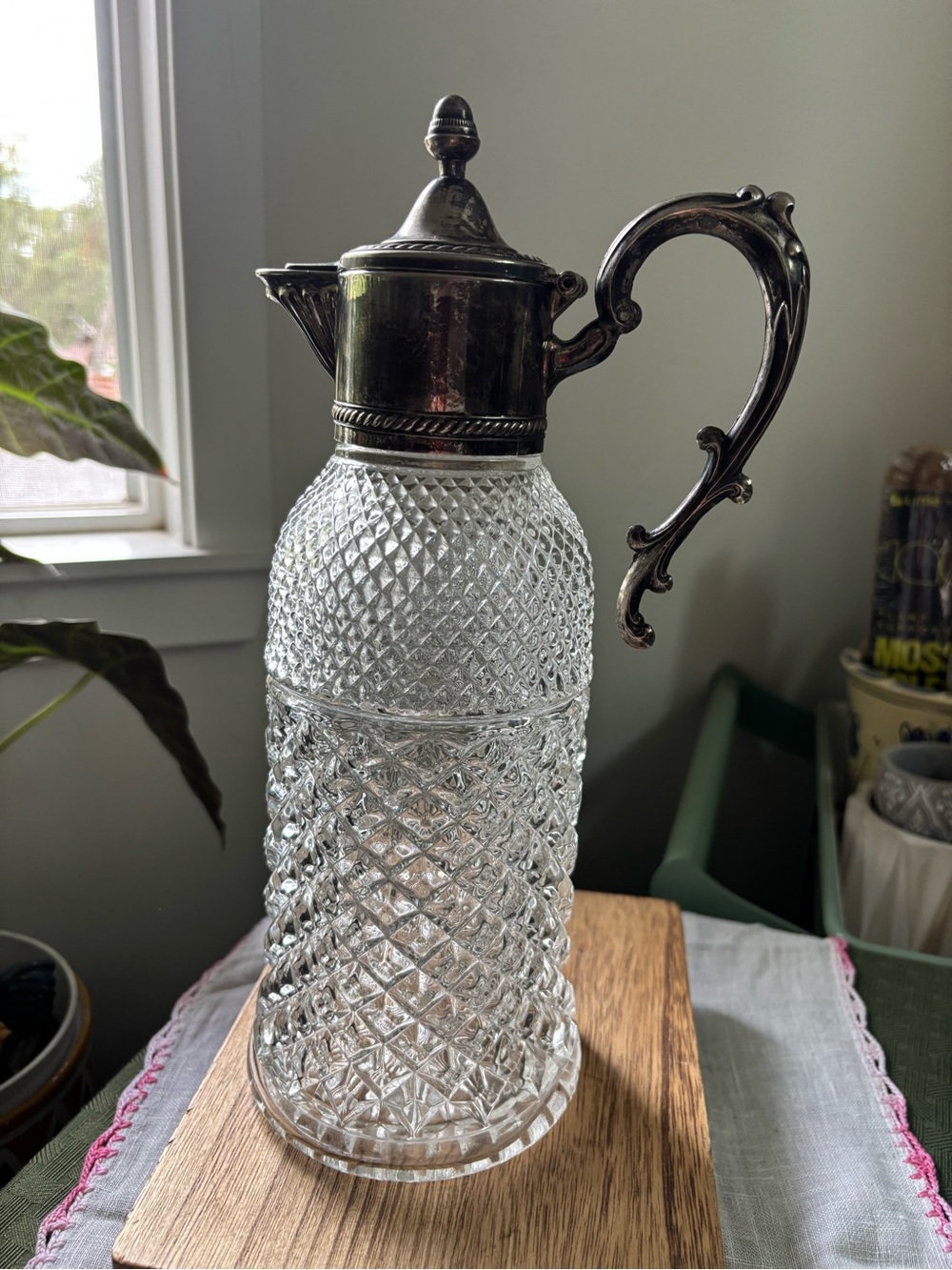 Vintage Cut Glass Pitcher with Silver-Tone Lid and Handle - Clear